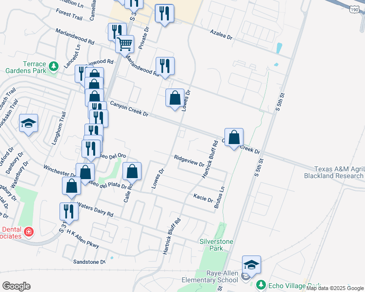 map of restaurants, bars, coffee shops, grocery stores, and more near 916 Lowes Drive in Temple