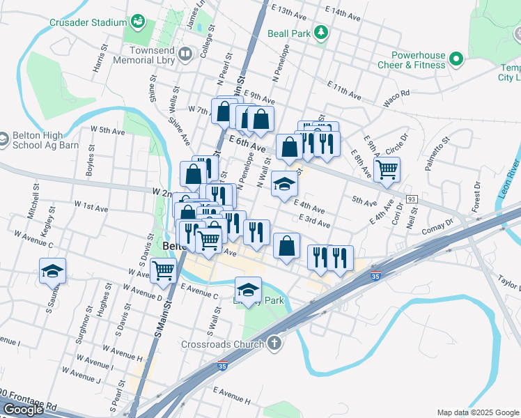 map of restaurants, bars, coffee shops, grocery stores, and more near 400 North Wall Street in Belton