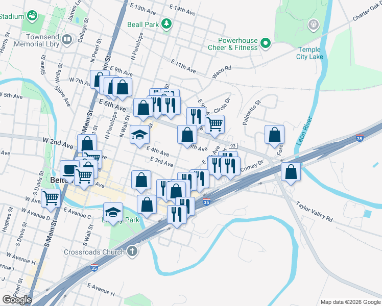 map of restaurants, bars, coffee shops, grocery stores, and more near 805 East 4th Avenue in Belton