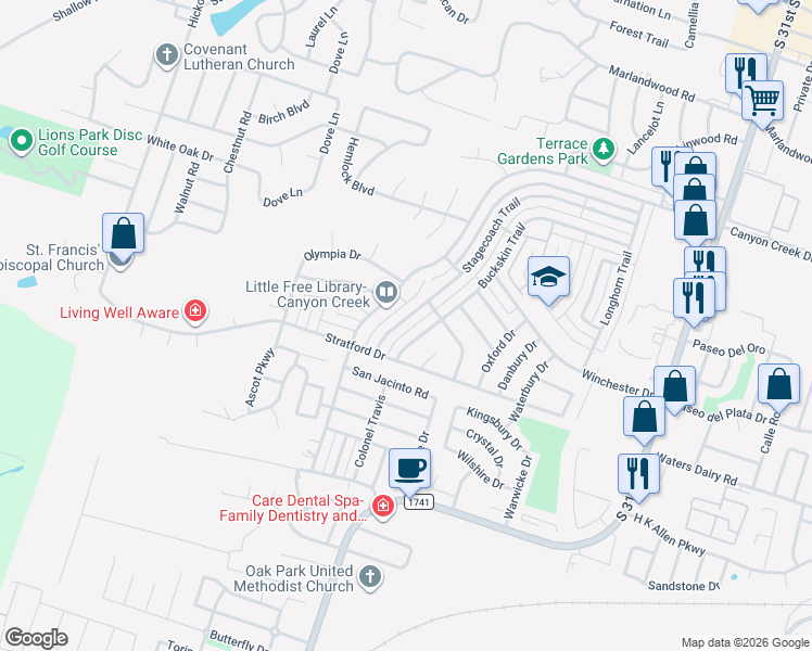 map of restaurants, bars, coffee shops, grocery stores, and more near 4801 Buckskin Trail in Temple