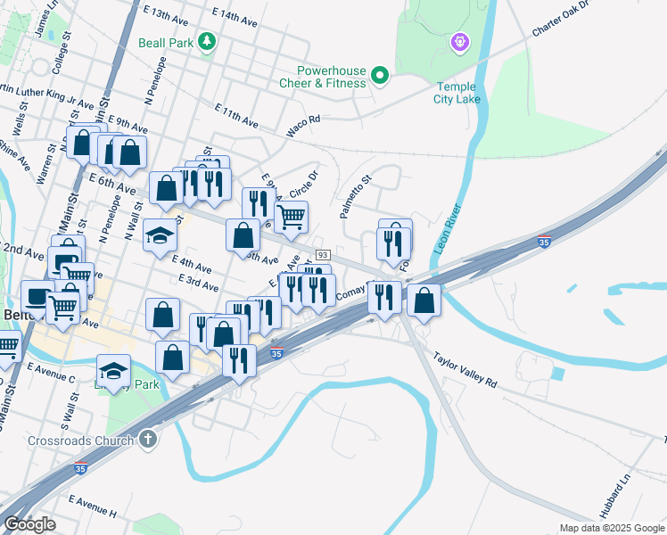 map of restaurants, bars, coffee shops, grocery stores, and more near 505 Center Street in Belton