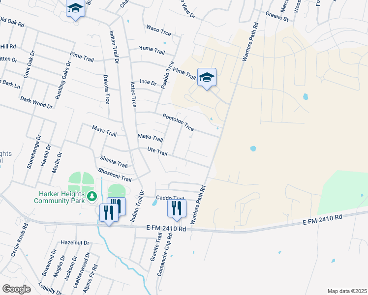 map of restaurants, bars, coffee shops, grocery stores, and more near 1803 Ute Trail in Harker Heights
