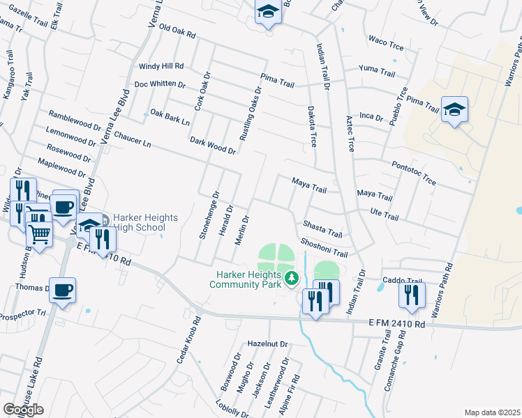 map of restaurants, bars, coffee shops, grocery stores, and more near 2001 Merlin Drive in Harker Heights