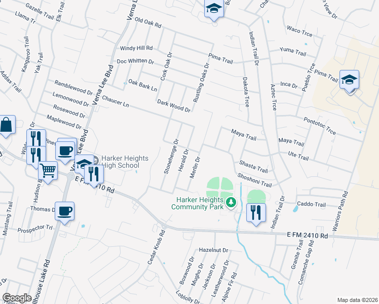 map of restaurants, bars, coffee shops, grocery stores, and more near 2001 Herald Drive in Harker Heights