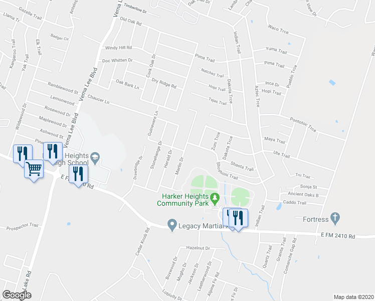 map of restaurants, bars, coffee shops, grocery stores, and more near 1931 Merlin Drive in Harker Heights