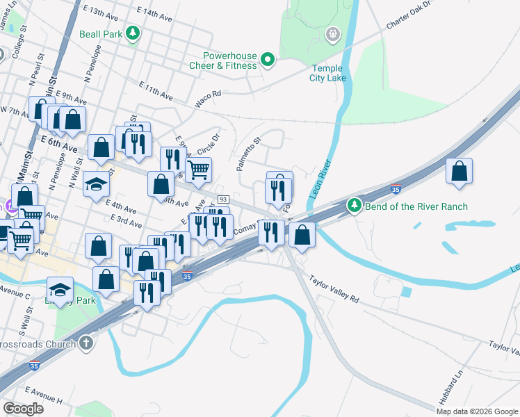 map of restaurants, bars, coffee shops, grocery stores, and more near 1317 Comay Drive in Belton