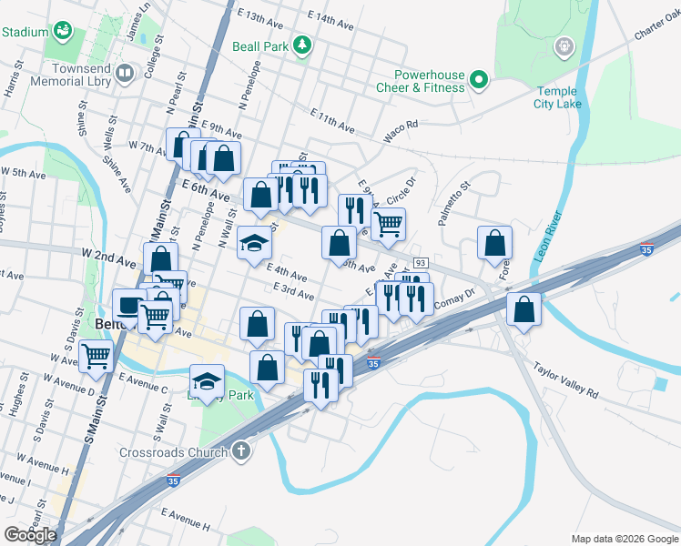 map of restaurants, bars, coffee shops, grocery stores, and more near 805 East 4th Avenue in Belton