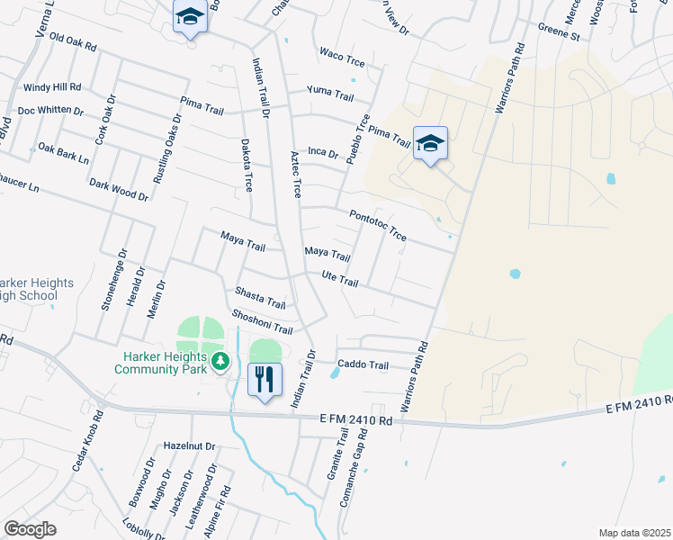map of restaurants, bars, coffee shops, grocery stores, and more near 1611 Ute Trail in Harker Heights