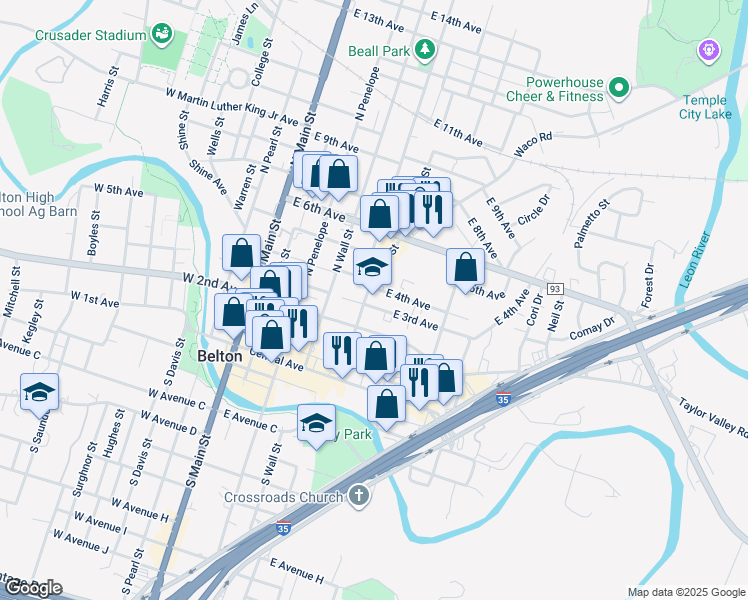 map of restaurants, bars, coffee shops, grocery stores, and more near 320 North Blair Street in Belton