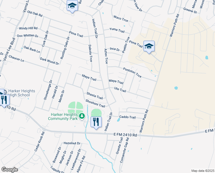 map of restaurants, bars, coffee shops, grocery stores, and more near 6 Aztec Trce in Harker Heights