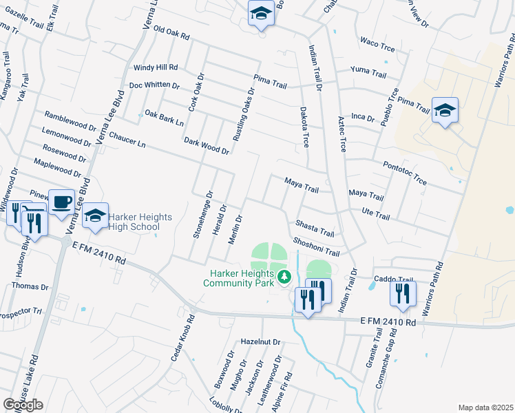 map of restaurants, bars, coffee shops, grocery stores, and more near 2001 Merlin Drive in Harker Heights