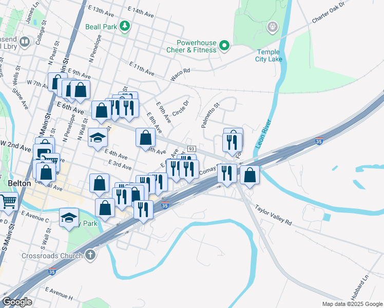 map of restaurants, bars, coffee shops, grocery stores, and more near 508 Neil Street in Belton