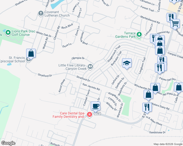map of restaurants, bars, coffee shops, grocery stores, and more near 4814 Stagecoach Trail in Temple