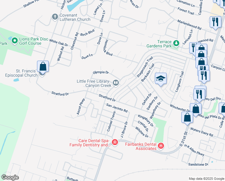 map of restaurants, bars, coffee shops, grocery stores, and more near 4814 Stagecoach Trail in Temple