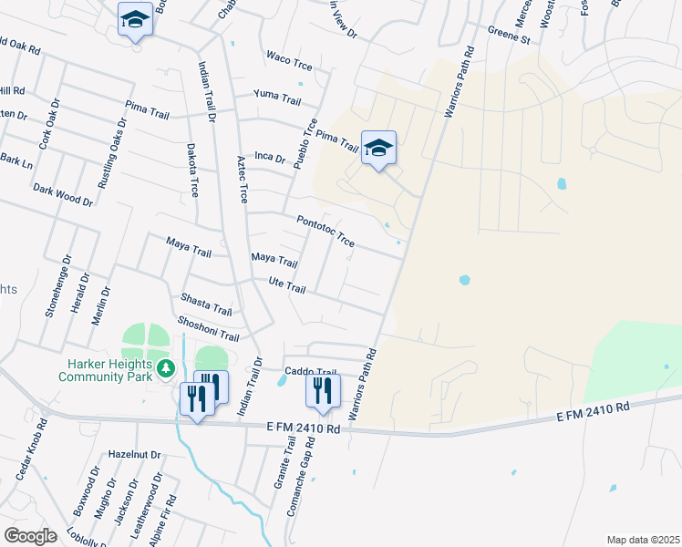 map of restaurants, bars, coffee shops, grocery stores, and more near 1803 Ute Trail in Harker Heights