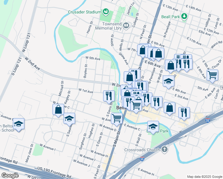 map of restaurants, bars, coffee shops, grocery stores, and more near 300 West 1st Avenue in Belton