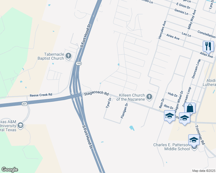 map of restaurants, bars, coffee shops, grocery stores, and more near 501 Stagecoach Road in Killeen