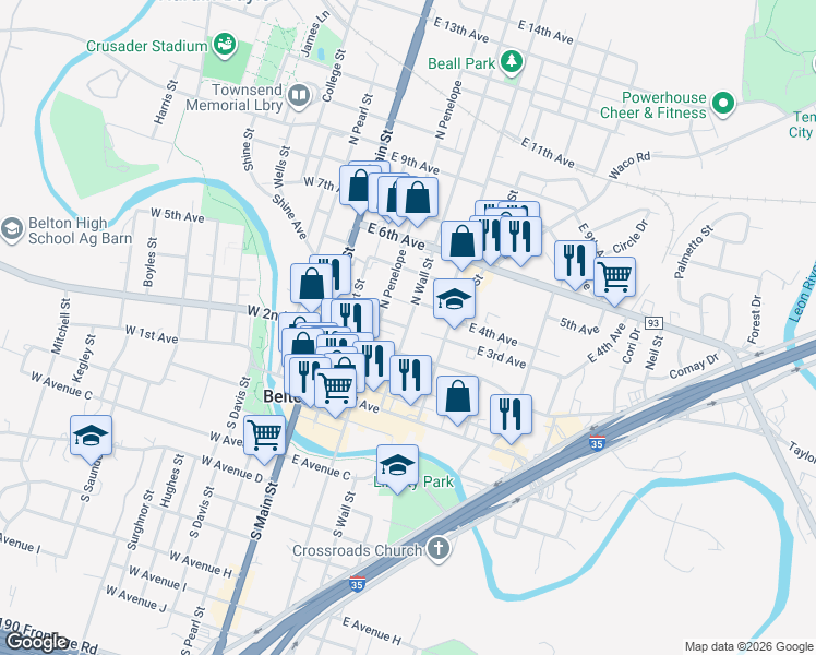 map of restaurants, bars, coffee shops, grocery stores, and more near 401 North Wall Street in Belton