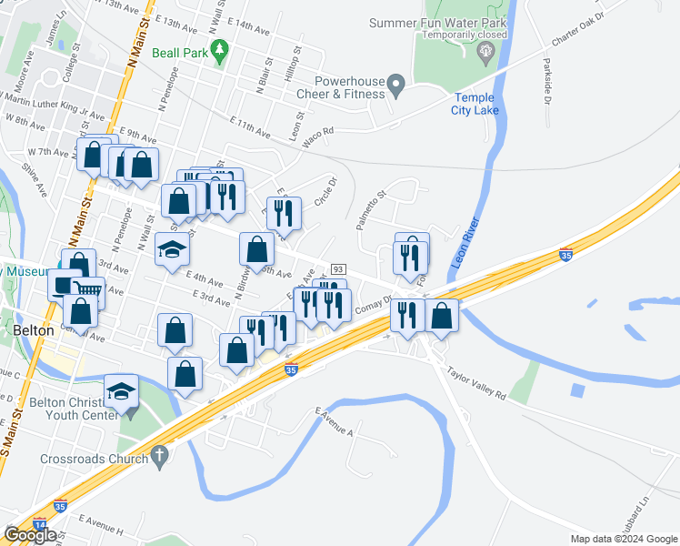 map of restaurants, bars, coffee shops, grocery stores, and more near 518 Neil Street in Belton