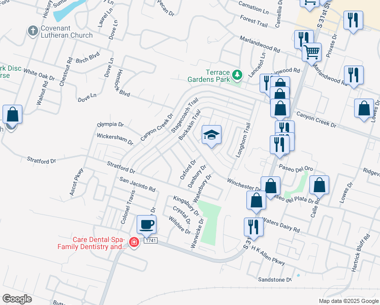 map of restaurants, bars, coffee shops, grocery stores, and more near 2114 Ranch Road in Temple