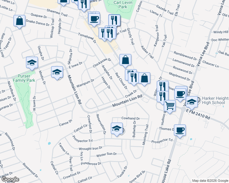 map of restaurants, bars, coffee shops, grocery stores, and more near 603 Arapaho Drive in Harker Heights