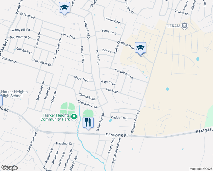 map of restaurants, bars, coffee shops, grocery stores, and more near 1605 Ute Trail in Harker Heights