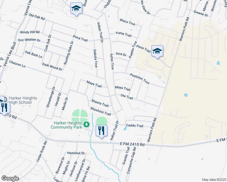 map of restaurants, bars, coffee shops, grocery stores, and more near 1601 Maya Trail in Harker Heights