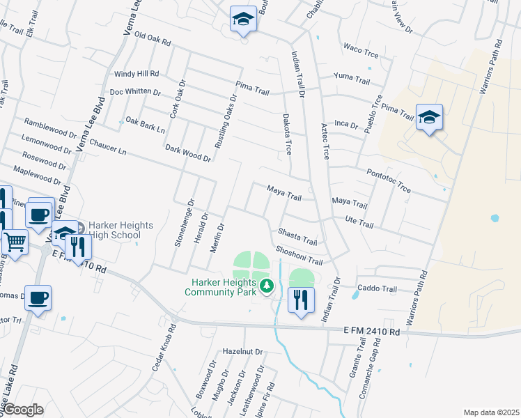 map of restaurants, bars, coffee shops, grocery stores, and more near 1500 Maya Trail in Harker Heights