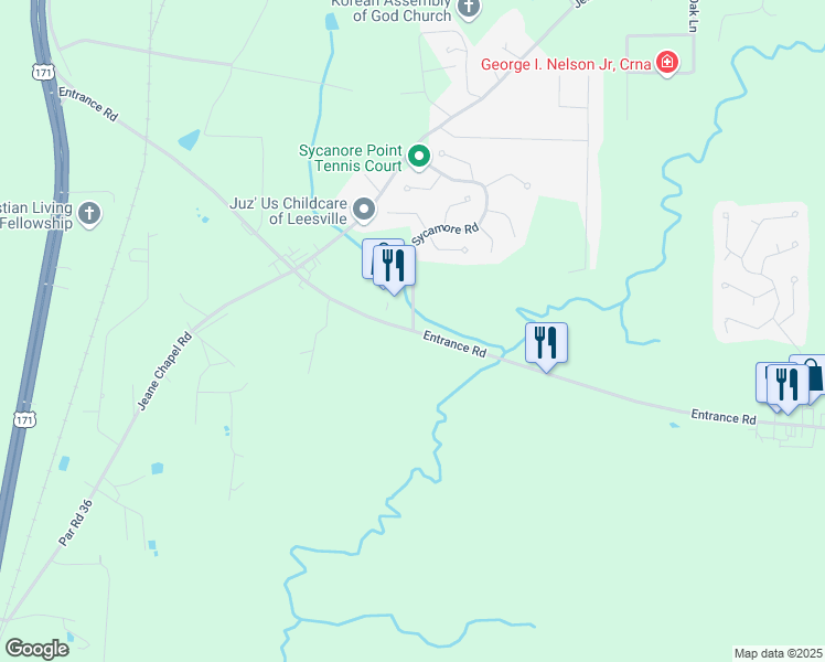 map of restaurants, bars, coffee shops, grocery stores, and more near 541 Entrance Road in Leesville