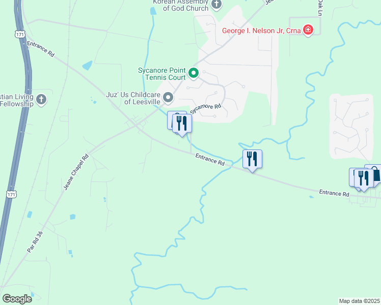 map of restaurants, bars, coffee shops, grocery stores, and more near 541 Entrance Road in Leesville
