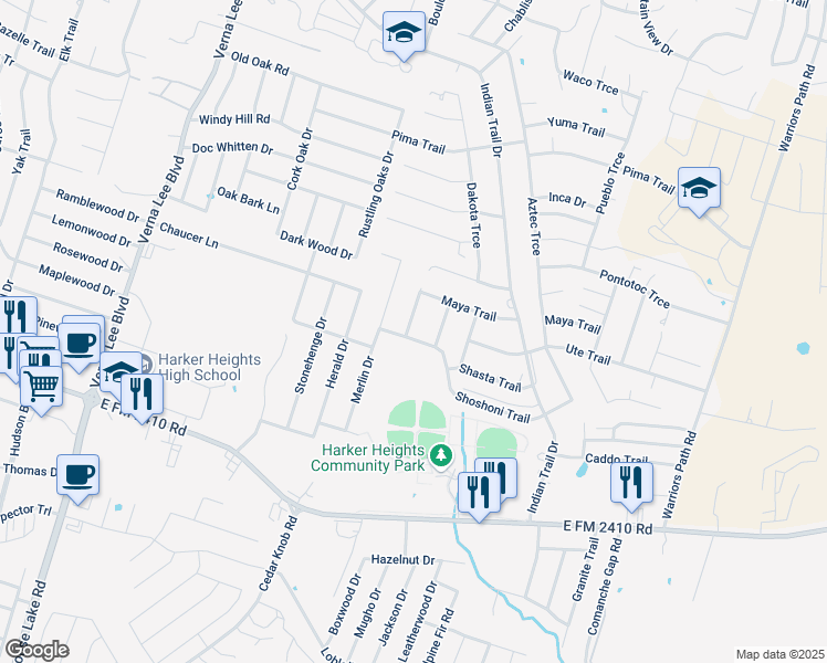 map of restaurants, bars, coffee shops, grocery stores, and more near 1500 Maya Trail in Harker Heights