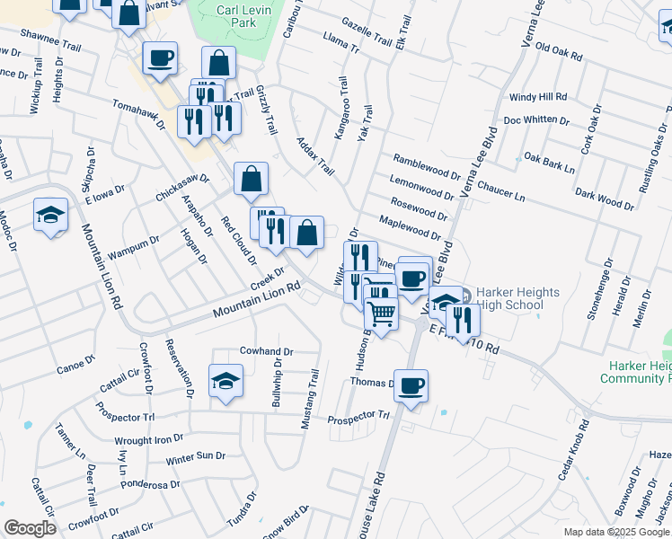 map of restaurants, bars, coffee shops, grocery stores, and more near 900 Pinewood Drive in Harker Heights