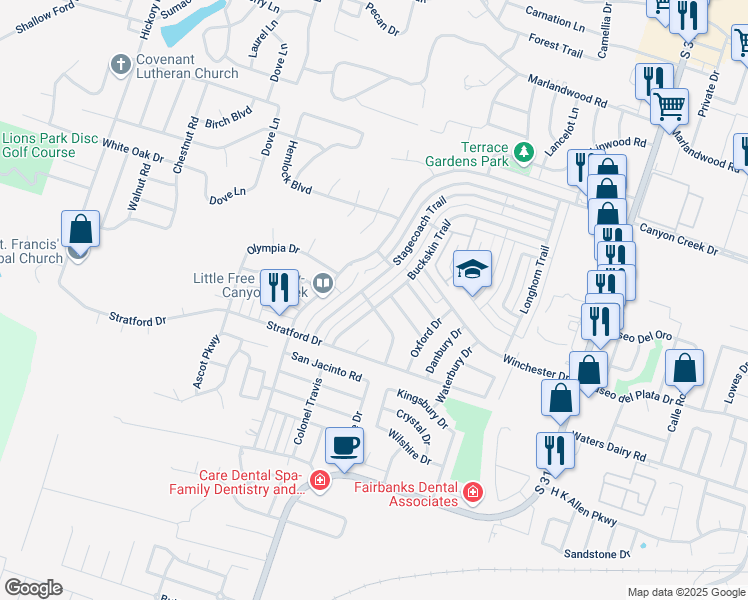 map of restaurants, bars, coffee shops, grocery stores, and more near 4610 Buckskin Trail in Temple