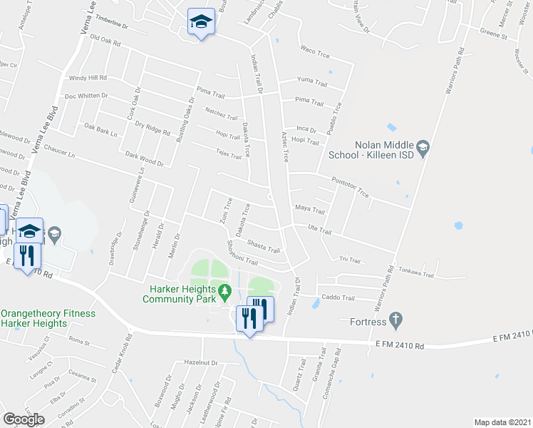 map of restaurants, bars, coffee shops, grocery stores, and more near 1900 Indian Trail in Harker Heights