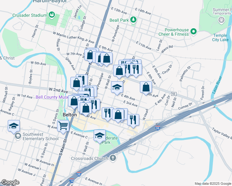 map of restaurants, bars, coffee shops, grocery stores, and more near 320 North Blair Street in Belton