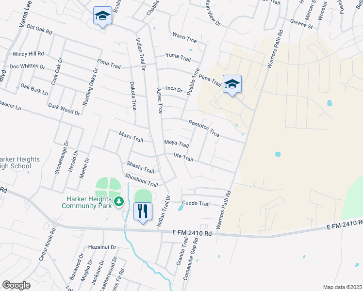map of restaurants, bars, coffee shops, grocery stores, and more near 1615 Maya Trail in Harker Heights