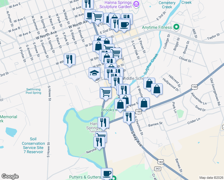 map of restaurants, bars, coffee shops, grocery stores, and more near 1008 South Walnut Street in Lampasas