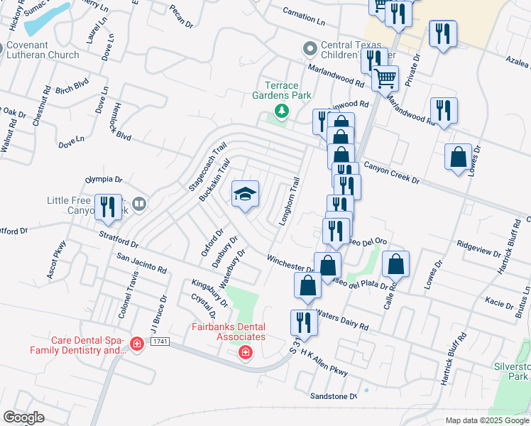 map of restaurants, bars, coffee shops, grocery stores, and more near 4418 Lone Star Trail in Temple