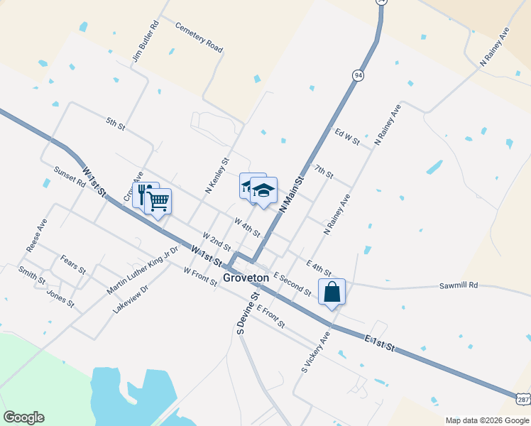 map of restaurants, bars, coffee shops, grocery stores, and more near 156 West 5th Street in Groveton