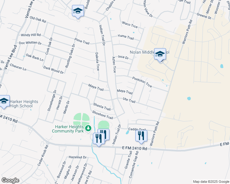 map of restaurants, bars, coffee shops, grocery stores, and more near 1601 Maya Trail in Harker Heights