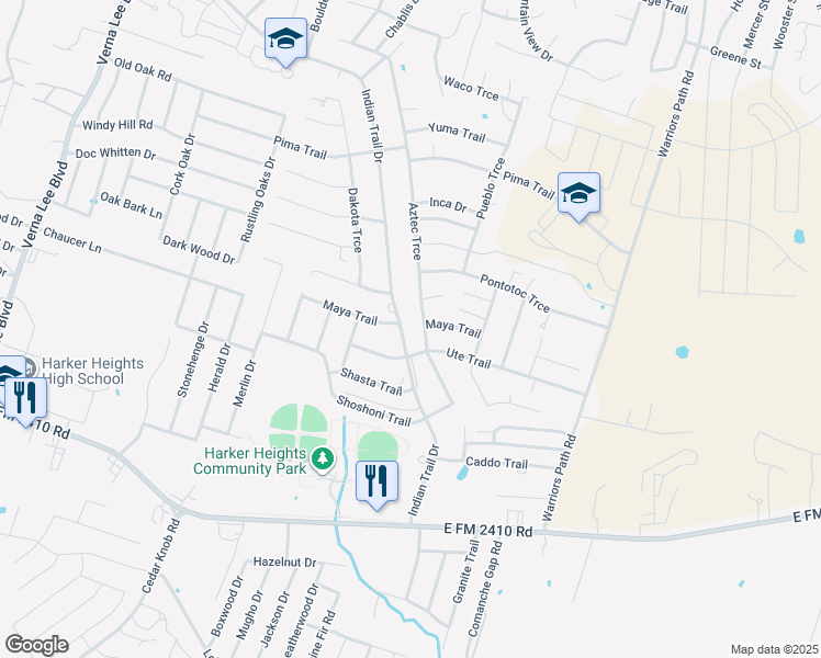 map of restaurants, bars, coffee shops, grocery stores, and more near 1601 Maya Trail in Harker Heights
