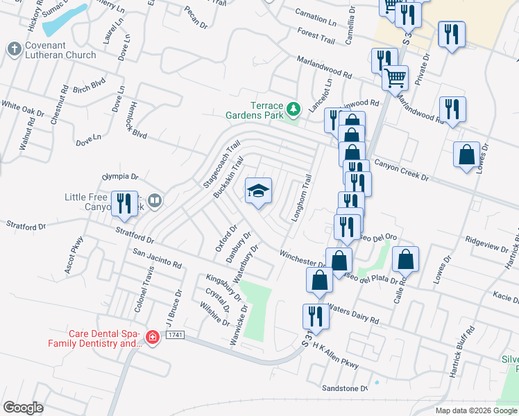 map of restaurants, bars, coffee shops, grocery stores, and more near 4518 Box Canyon Drive in Temple