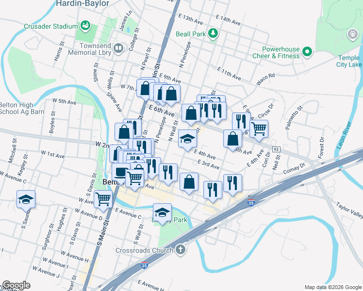 map of restaurants, bars, coffee shops, grocery stores, and more near 401 North Wall Street in Belton