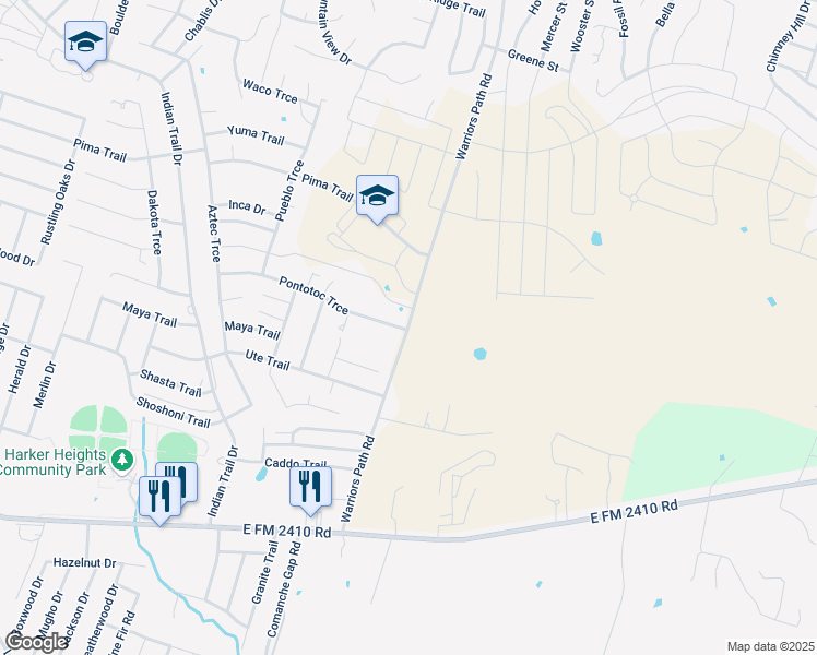map of restaurants, bars, coffee shops, grocery stores, and more near 2290 Warriors Path in Harker Heights