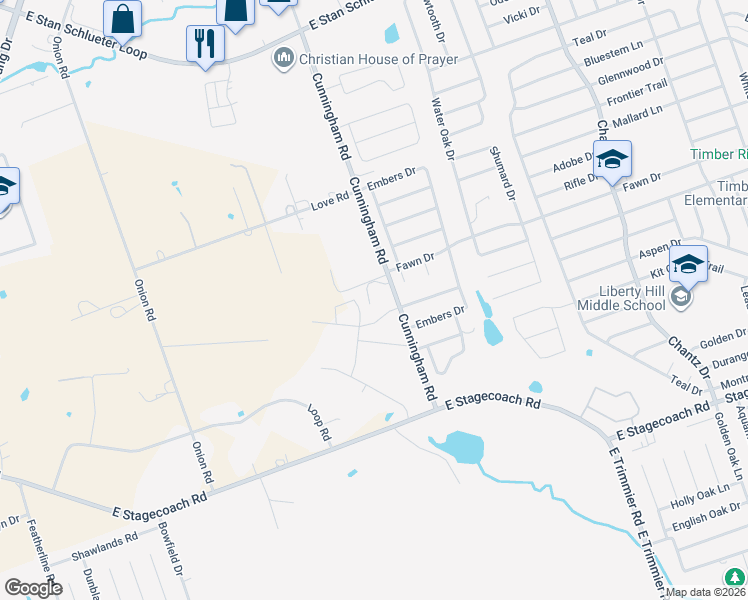 map of restaurants, bars, coffee shops, grocery stores, and more near 5301 Cunningham Road in Killeen