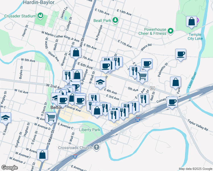 map of restaurants, bars, coffee shops, grocery stores, and more near 501 East 4th Avenue in Belton