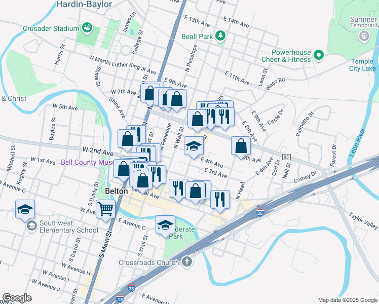 map of restaurants, bars, coffee shops, grocery stores, and more near 501 East 4th Avenue in Belton