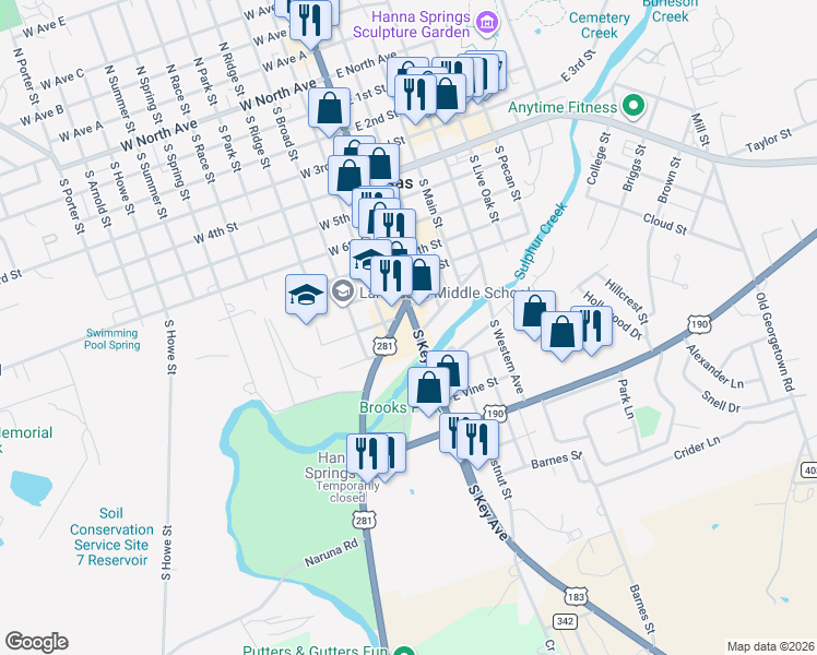 map of restaurants, bars, coffee shops, grocery stores, and more near 1008 South Walnut Street in Lampasas