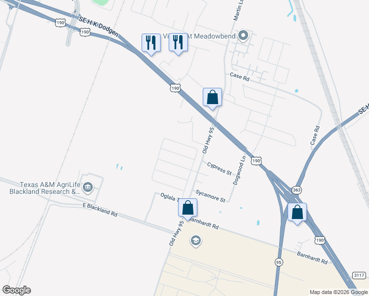 map of restaurants, bars, coffee shops, grocery stores, and more near 1607 Black Kettle Trail in Temple