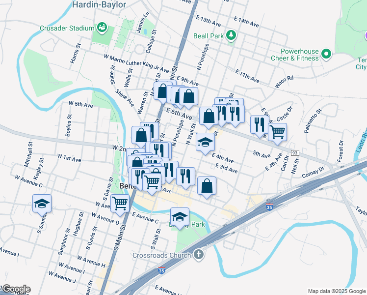 map of restaurants, bars, coffee shops, grocery stores, and more near 412 North Wall Street in Belton